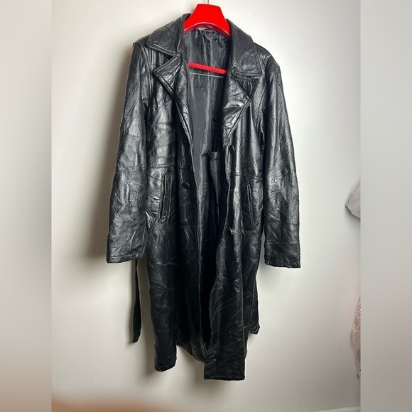 VTG 100% Genuine Leather Black Longline Trench Coat Jacket Motorcycle Equestrian - Picture 2 of 16